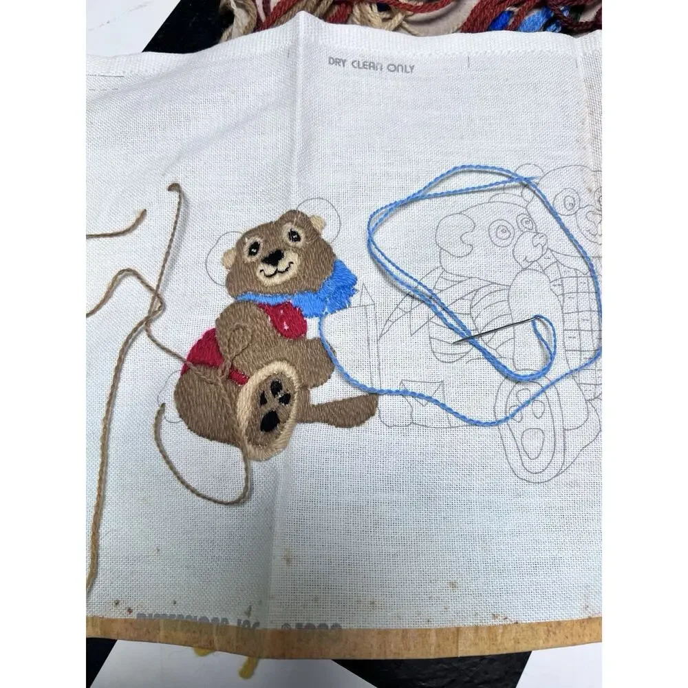 Vintage 1983 Dimensions Long Stitch Crewel Tumbling Teddy Bears‎ 1251 (started)